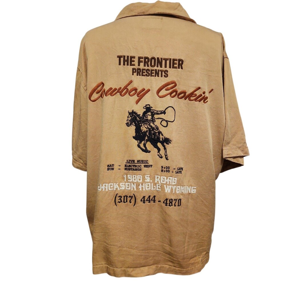 Pacsun Cowboy Cookin Camp Shirt Mens M Tan Indie Boxy Oversized Embroidered